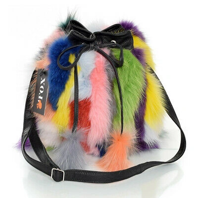Pre-owned Fox Genuine  Fur Bucket Bag Multicolor Fur Shoulder Bag Real Fur Sack Bag