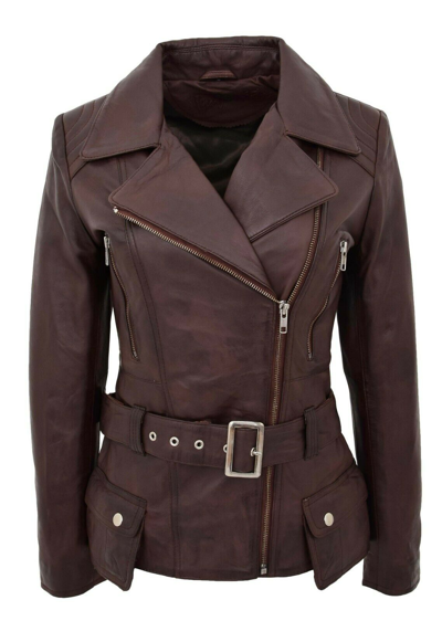 Pre-owned House Of Leather Womens Real Leather Biker Jacket Cross Zip With Waist Belt Celia Brown