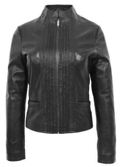 Pre-owned House Of Leather Womens Real Leather Biker Jacket Casual Standing Collar Style Ivy Black