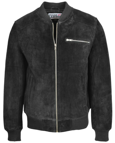 Pre-owned House Of Leather Mens Classic Fitted Bomber Suede Jacket Designer College Boy Varsity Black