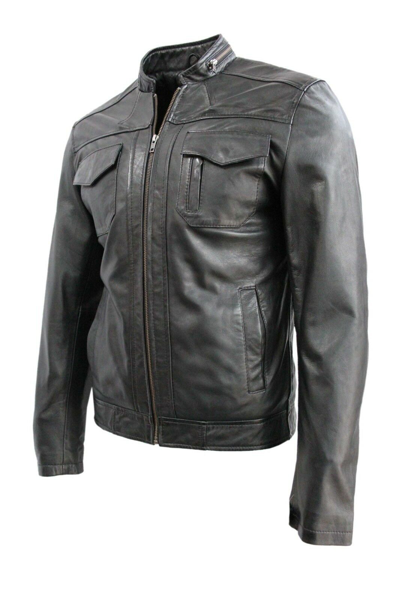 Pre-owned Sr Real Leather Stylish Casual Men's Black Deluxe Biker Style Real Soft Nappa Leather Jacket