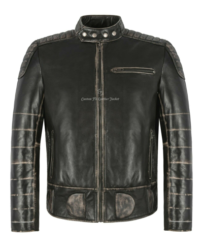 Pre-owned Smart Range Thunder Men's Jakcket Black Wax Biker Fashion Pre Distressed Real Leather Jacket