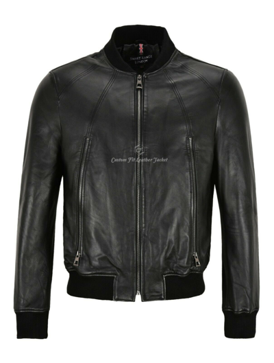 Pre-owned Smart Range Leather Men Bomber Leather Jacket Black Casual Tops Real Leather Harrington Jacket Nv125