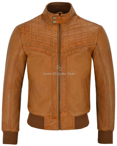 Pre-owned Smart Range Men's 70's Leather Jacket Tan Quilted Retro Bomber Style Lambskin Leather 4757
