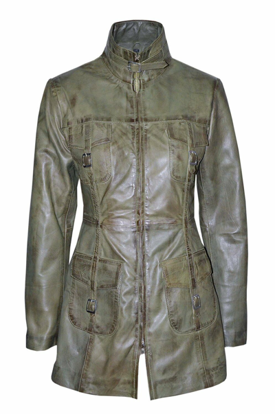 Pre-owned Carrie Hoxton Ladies Rihanna Fashion Casual Style Olive Green Nappa Leather Trench Coat Jacket