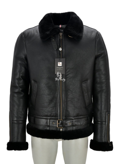 Pre-owned Smart Range Mens Sheepskin Fur Jacket B3 Bomber Black Black Fur Leather Shearling Jacket