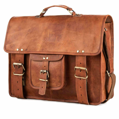 Pre-owned Handmade Men's 15" Goat Leather Messenger Real Satchel Bag Genuine Laptop Brown Briefcase