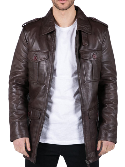 Pre-owned Truclothing Mens Real Leather Safari Parka Coat Black Brown Tailored Fit Casual Jacket