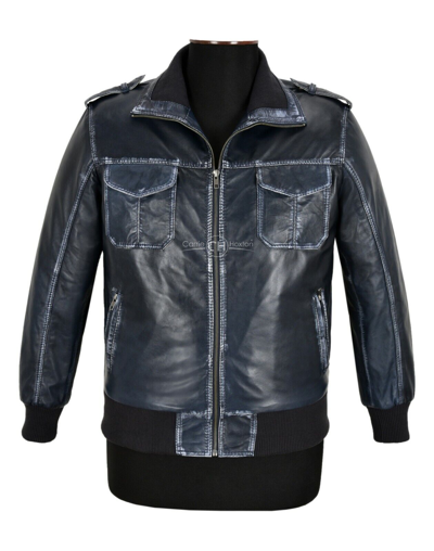 Pre-owned Smart Range Men's Bomber Leather Jacket Navy Vintage Napa Casual Fashion Flight Pilot Jacket