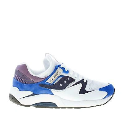 Pre-owned Saucony Men Shoes White Leather And Tech Fabric Grid 9000 Trainer With Blue