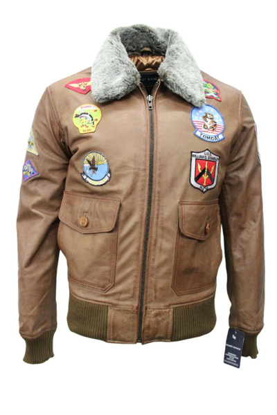 Pre-owned Sr Real Leather Men's Air Force Style Top Gun Fur Bomber Tan Badges Cowhide Leather Jacket