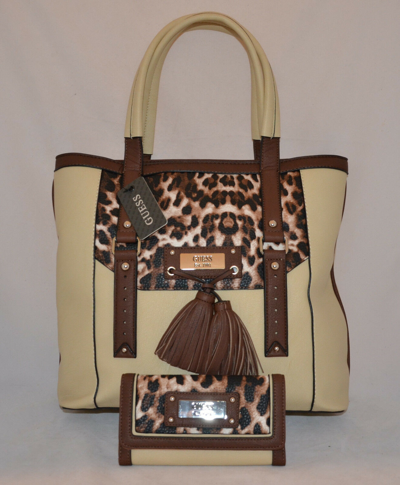Pre-owned Guess Virginia Beach Tote Shopper Bag Purse Wallet Set Cream Leopard Tassel