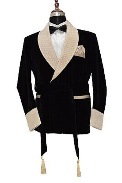 Pre-owned Handmade Men Black Smoking Jacket Designer Quilted Elegant Luxury Wedding Party Blazer Uk
