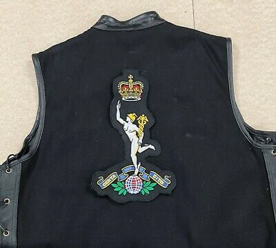 Pre-owned Hot Leathers Royal Corps Of Signals Embroidered Denim And Leather Sleeveless Summer Waistcoat