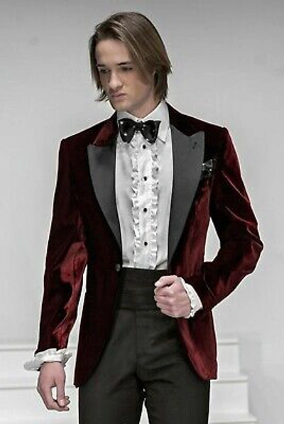 Pre-owned Handmade Men Burgundy Smoking Jacket Designer Tuxedo Grooms Wedding Party Wear Blazers