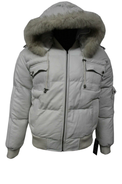 Pre-owned Sr Real Leather Arctic Pilot White Men's Puffer Jacket Fur Hooded Bomber Real Lambskin Leather