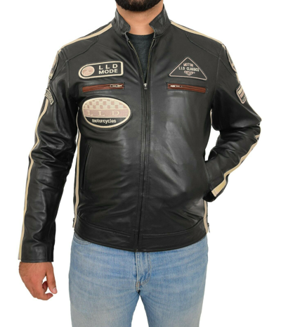 Pre-owned Fashion Mens Black Leather Biker Jacket Slim Fit Motor Sports Badges Zip Fasten Coat