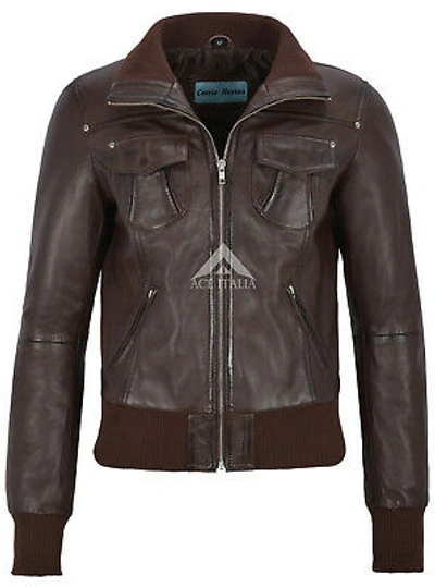 Pre-owned Infinity Ladies Real Leather Jacket Brown Washed Biker Motorcycle Style "fusion" 3758