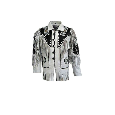 Pre-owned Claw Intl Men's Traditional Western Suede Leather Jacket Coat With Fringe Bones And Beads
