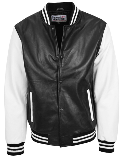 Pre-owned House Of Leather Mens Real Leather Varsity College Boy Bomber Jacket Garry Black White