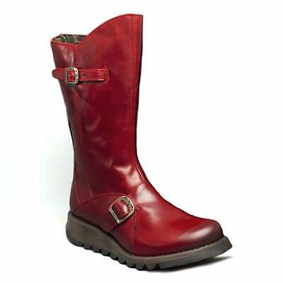 Pre-owned Fly London Mes 2 Womens Leather Mid-calf Wedge Boots Dark Red
