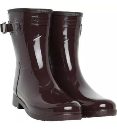 Pre-owned Hunter Uk 7.  Womens Refined Short Gloss Wellington Boots Cherry Brandy