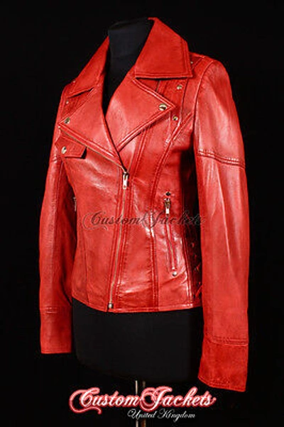 Pre-owned Real Leather Siren Ladies Red Washed Biker Girl Jacket Motorcycle Studded Designer Jacket