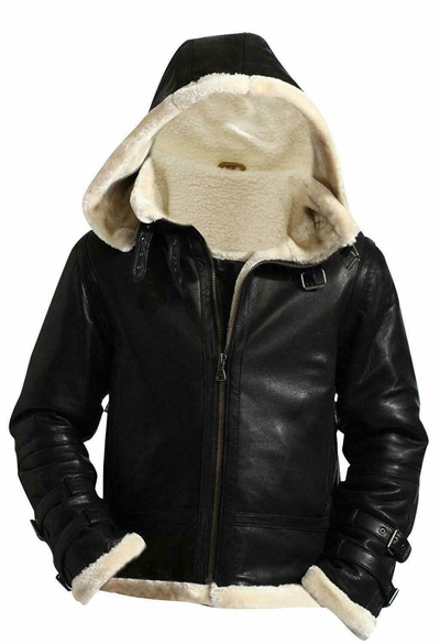 Pre-owned Artisan Bliss Men's B3 Raf Black Bomber Real Shearling Leather Jacket With Removable Hoodie