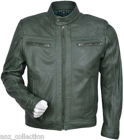 Pre-owned Real Leather Cage Men's Green Wax Short Bomber Biker Motorcycle Style Premium Leather Jacket