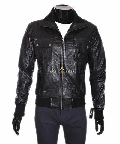 Pre-owned Ace Hawk Men's Smart Bomber Jacket Black Classic Style Genuine Leather Biker Jacket