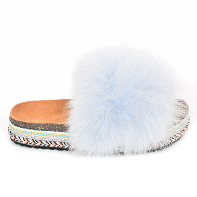 Pre-owned Fox Platform Slides With Light Blue  Fur Slippers High Sole Sandals With Fur
