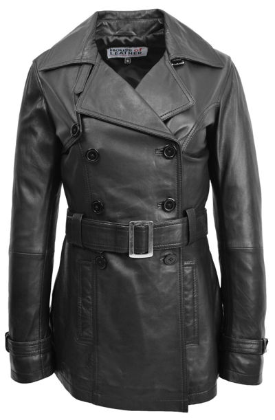 Pre-owned House Of Leather Womens Real Leather Double Breasted Mid Length Trench Coat Sienna Black