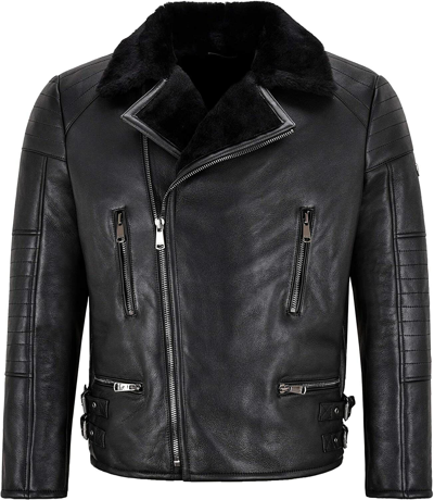 Pre-owned Artisan Bliss Men's Biker Sheepskin Jacket Black Shearling Fur Bomber Classic Winter Jacket