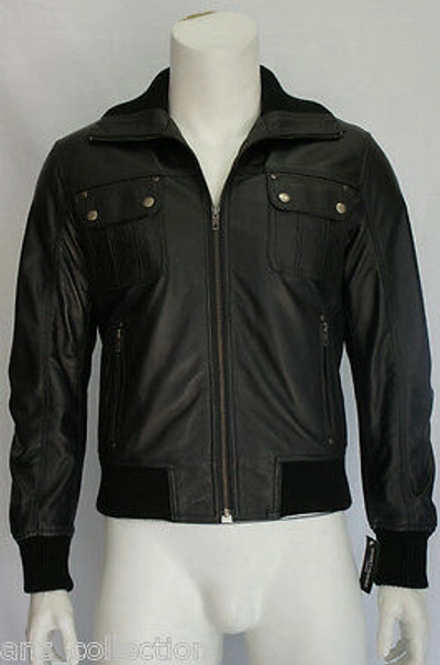 Pre-owned Anz Maryland Men's Black Short Bomber Aviator Pilot Real Lambskin Leather Jacket