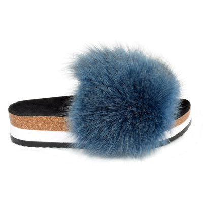 Pre-owned Fox Platform Slides With Navy Blue  Fur High Sole Slippers With Fur Sandals