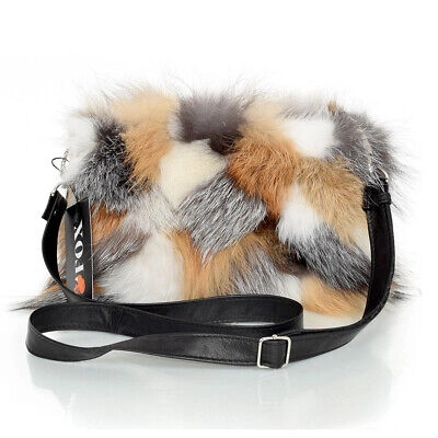 Pre-owned Fox Genuine  Fur Crossbody Bag White Grey Red Fur Shoulder Bag Real Fur Handbag