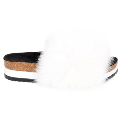 Pre-owned Fox Platform Slides With White  Fur High Sole Slippers With Fur Slip-on Sandals