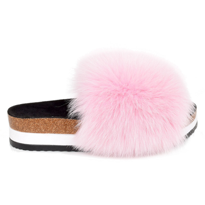 Pre-owned Fox Platform Slides With Pink  Fur High Sole Slippers With Fur Slip-on Sandals