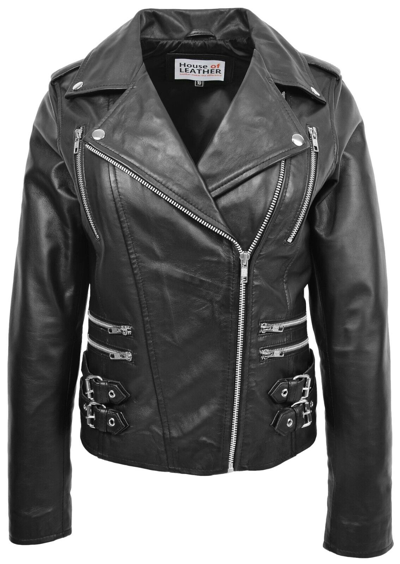 Pre-owned House Of Leather Womens Real Leather Biker Jacket Cross Zip Casual Style Cara Black