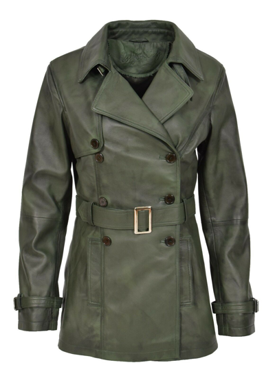 Pre-owned House Of Leather Womens Real Leather Double Breasted Mid Length Trench Coat Sienna Green