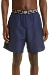 Versace Blue Swim Trunks With Greca And Medusa Head Print On Elastic Waistband In Nylon In Blu/ Gold