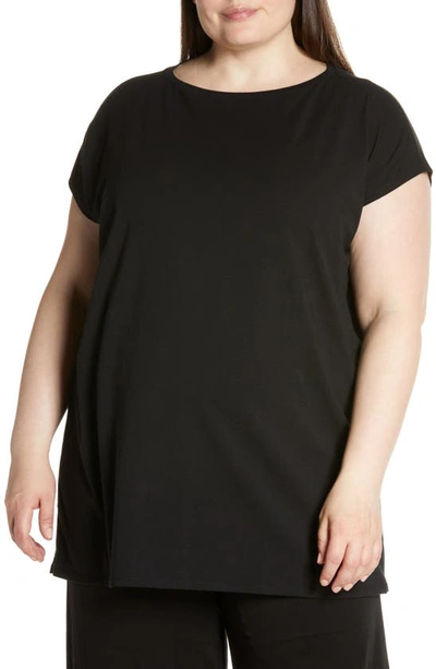 Eileen Fisher Zip Hem Stretch Organic Cotton Tunic Top In Black