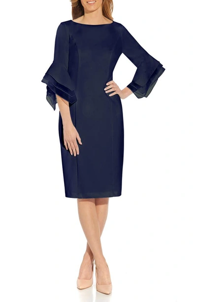 Adrianna Papell Tiered Sleeve Crepe Dress In Navy Satin