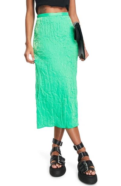 Topshop Premium Crinkle Satin Midi Skirt In Emerald - Part Of A Set-green