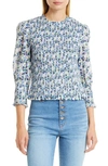 Veronica Beard Kali Floral Smocked Three-quarter Sleeve Top In Cobalt