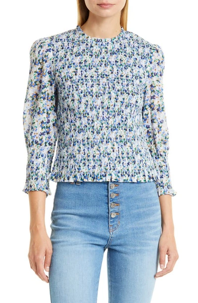 Veronica Beard Kali Floral Smocked Three-quarter Sleeve Top In Cobalt