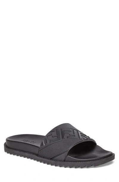 Fendi Rubber Slides With High Strap And Embossed Ff Motif Shoes In Black