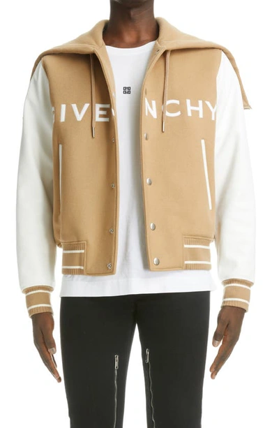 Givenchy Logo-appliquéd Wool-blend And Leather Hooded Bomber Jacket In Beige