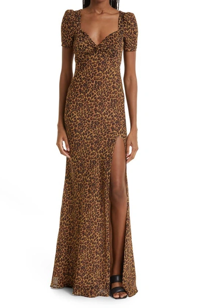 Staud Lea Knot-front Puff-shoulder Maxi Dress In Brown