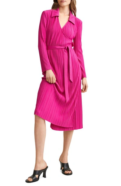 Mango Pleated Long Sleeve Wrap Dress In Fuchsia